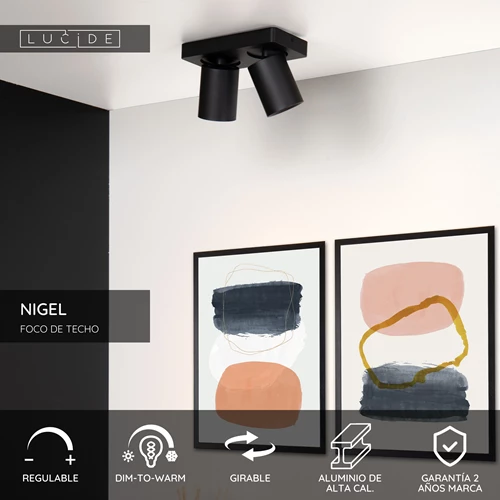 Lucide NIGEL - Foco de techo - LED Dim to warm - GU10 - 2x5W 2200K/3000K - Negro - USP